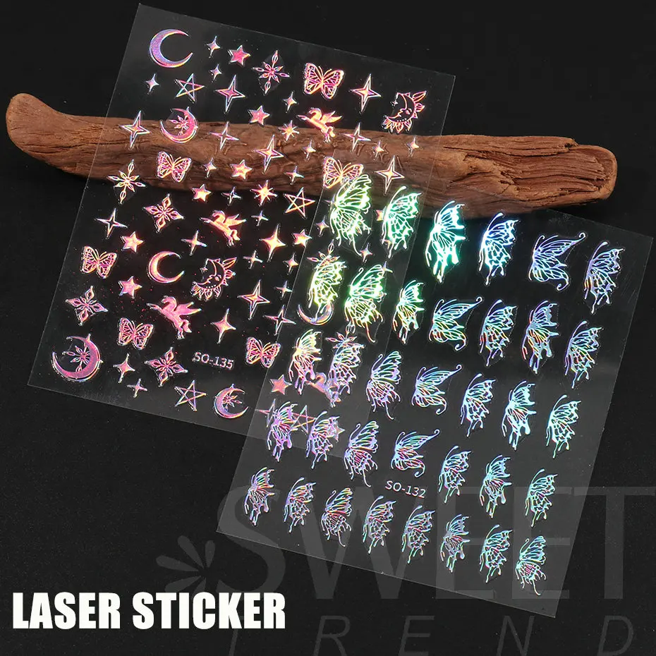 3D Laser Silver Nail Sticker Metallic Butterfly Star Moon Unicorn Holographic Gradient Design Manicure DIY Nail Accessories BESO