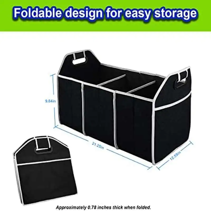 Portable 3-Compartment Foldable Car Trunk Organizer, Waterproof Storage Bag for SUV/Truck/Van/Car, Universal Durable Cargo Tote
