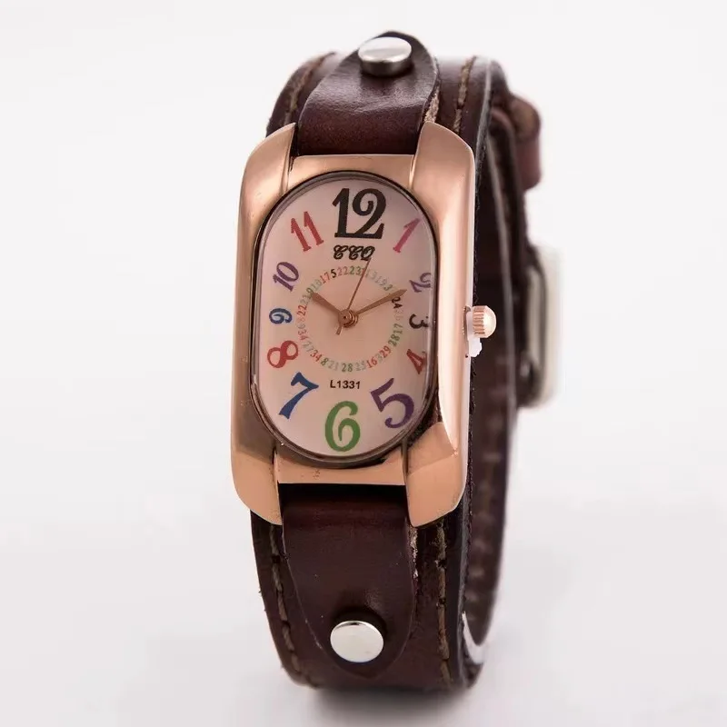 

New Leather Strap Color Digital Rectangle Watch Women Bracelet Watches Female Bronze Quartz Watch Student Leisure Watch