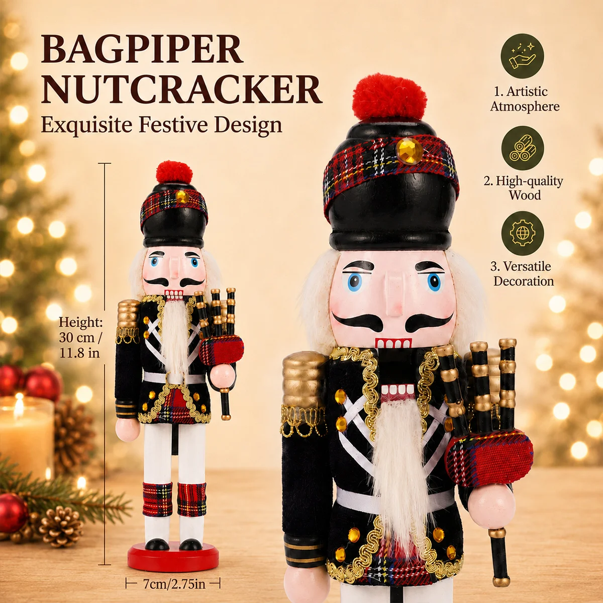 30cm Holz-Nussknacker-Soldatenfigur Weihnachts-Nussknacker-Puppe Handwerkskunst Feiertagsdekoration für Zuhause Holzornament – Detail 3