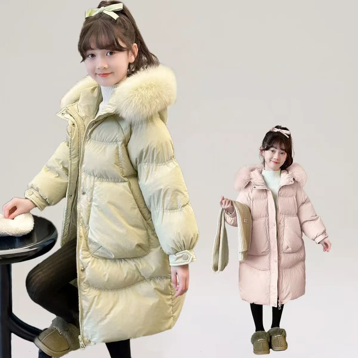 Girls' Medium-Length Down Cotton Coat Winter New Style Children's Thickened Fleece-Collar Over-the-Knee Quilted Jacket 5-15Y