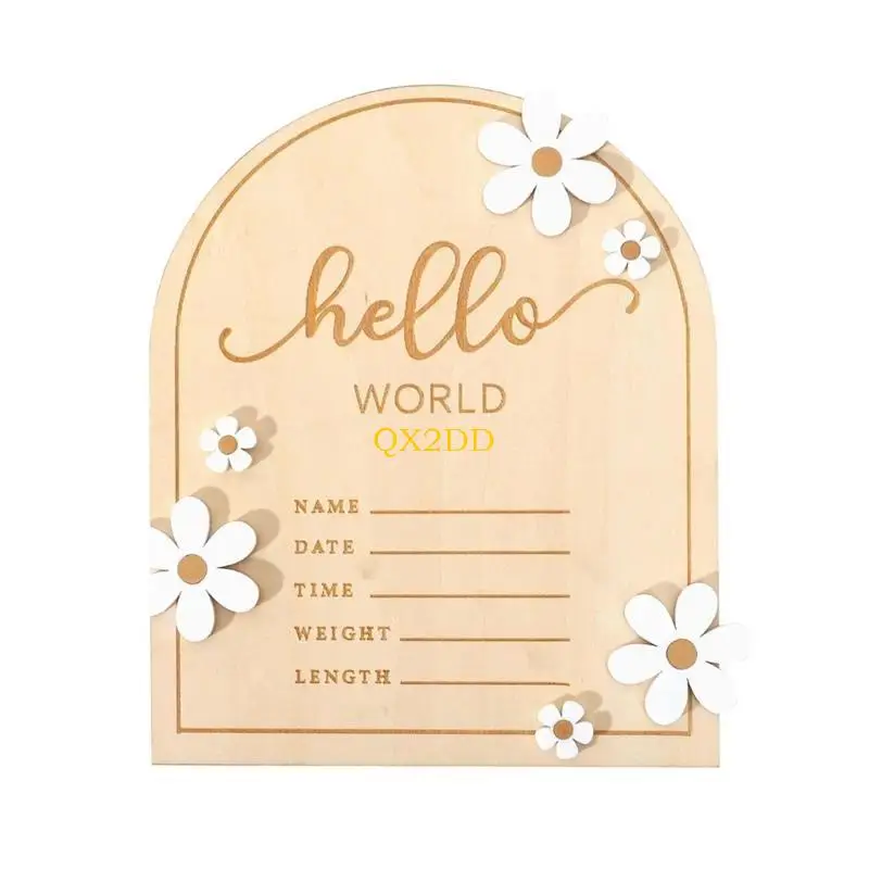QX2D Creative Wooden Baby Announcement Sign Hello Newborns Name Plaque Birth Announcement Board for Hospital Visits