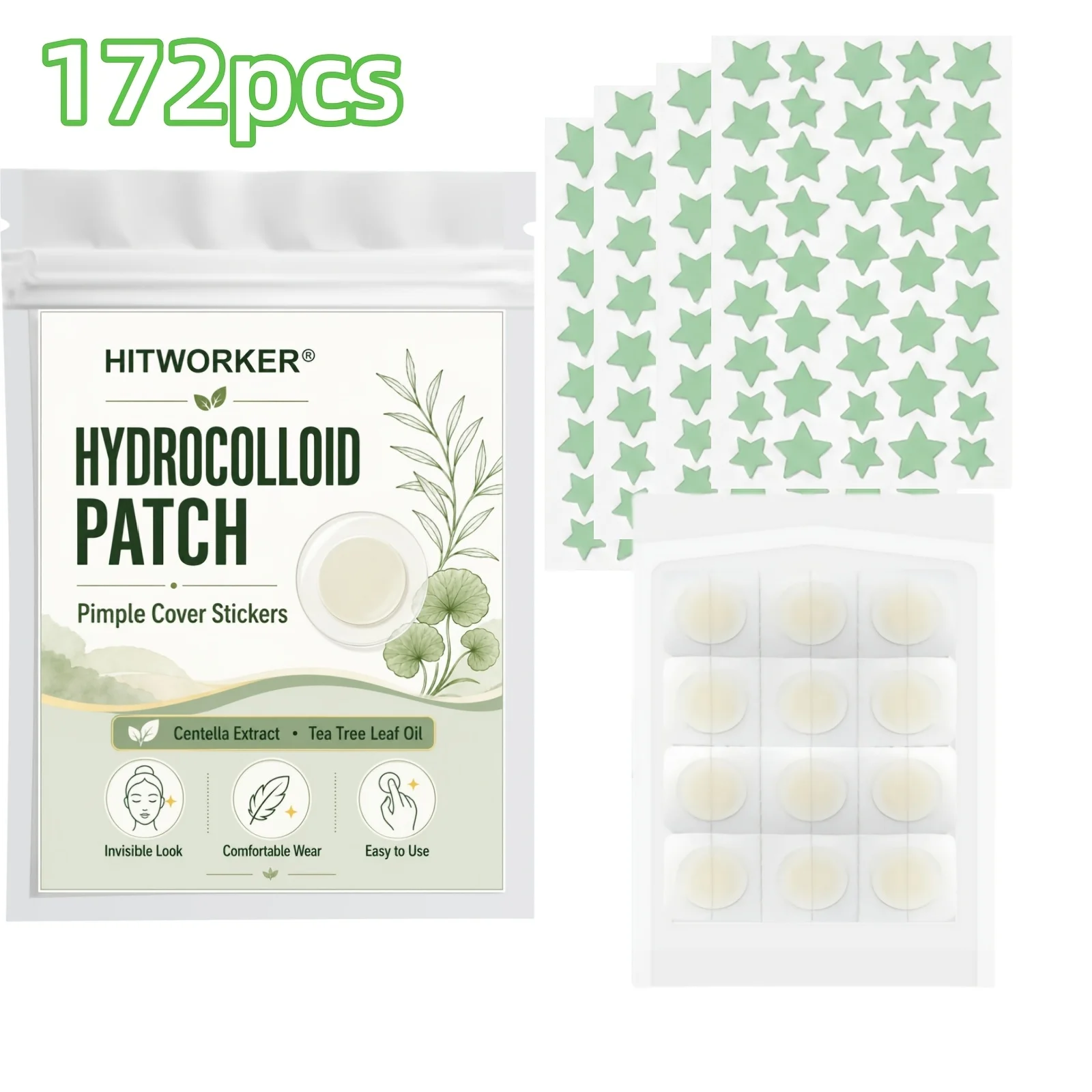 HITWORKER 172pcs Hydrocolloid Face Patches, Star & Round Designs in Multiple Sizes, Comfortable Daily Wear Beauty Stickers with