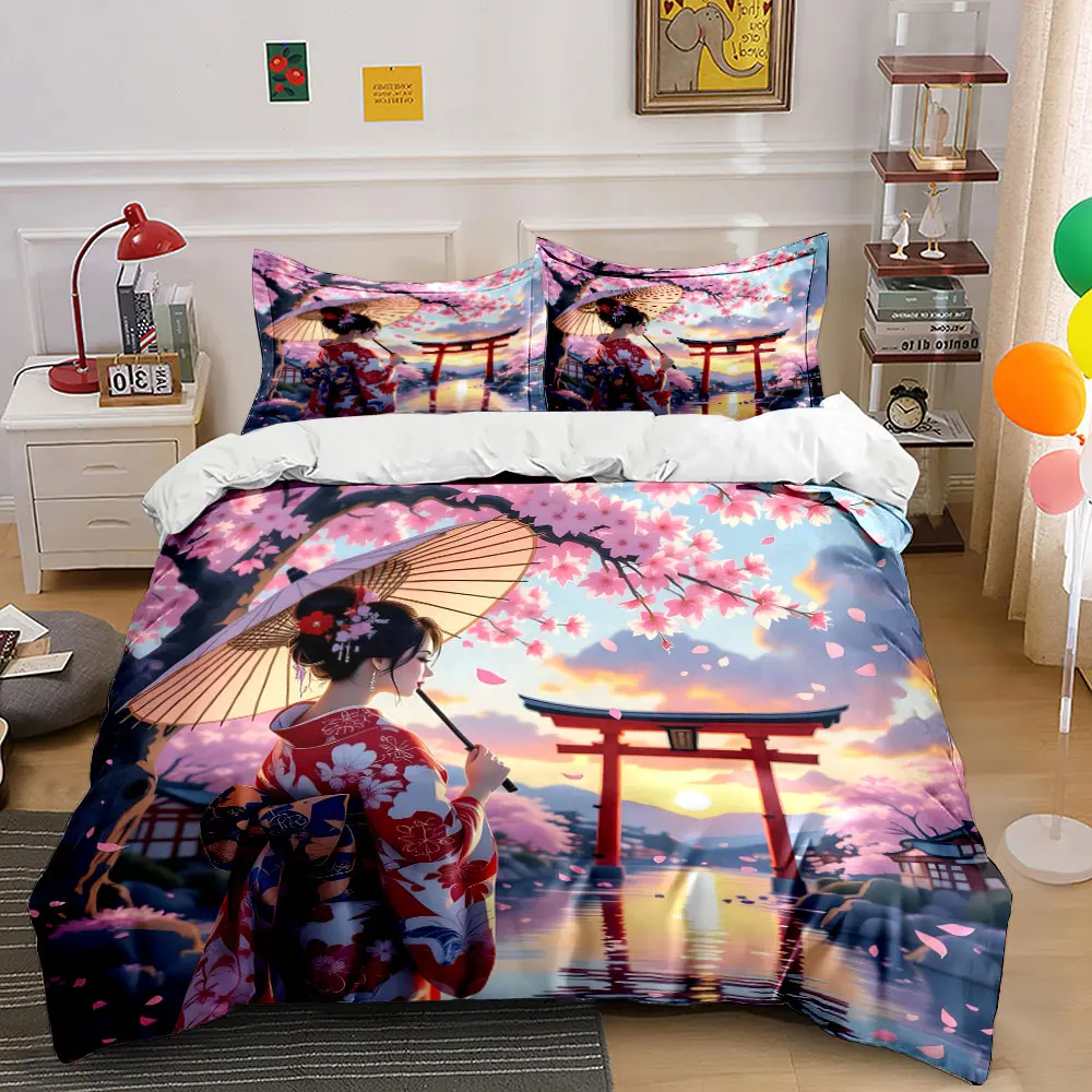 Woman in kimono under cherry blossoms Bedding Set for Kids Luxury Gift 3pcs Digital Print Comforter Set Soft Comfortable