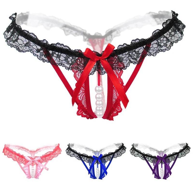 

Sexy Bow Beading Thongs Underwear Low Waist G-string Women's Lace Hollow Panties