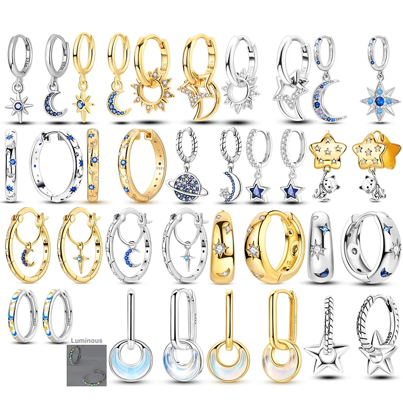 Classic Design 925 Sterling Silver Hoop Earrings Planet Galaxy Sun Moon Fit Teens Women Female Party Drop Earrings Jewelry Gifts