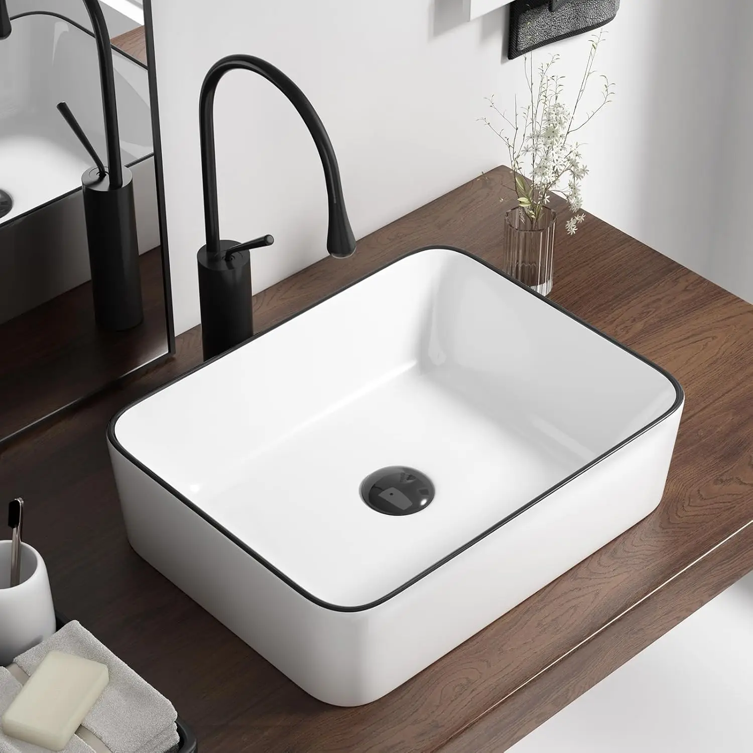 

19 Inch Rectangular Bathroom Sink Above Counter, White Ceramic Vanity Vessel Sink With Black Edges - 19" x 15" Countertop
