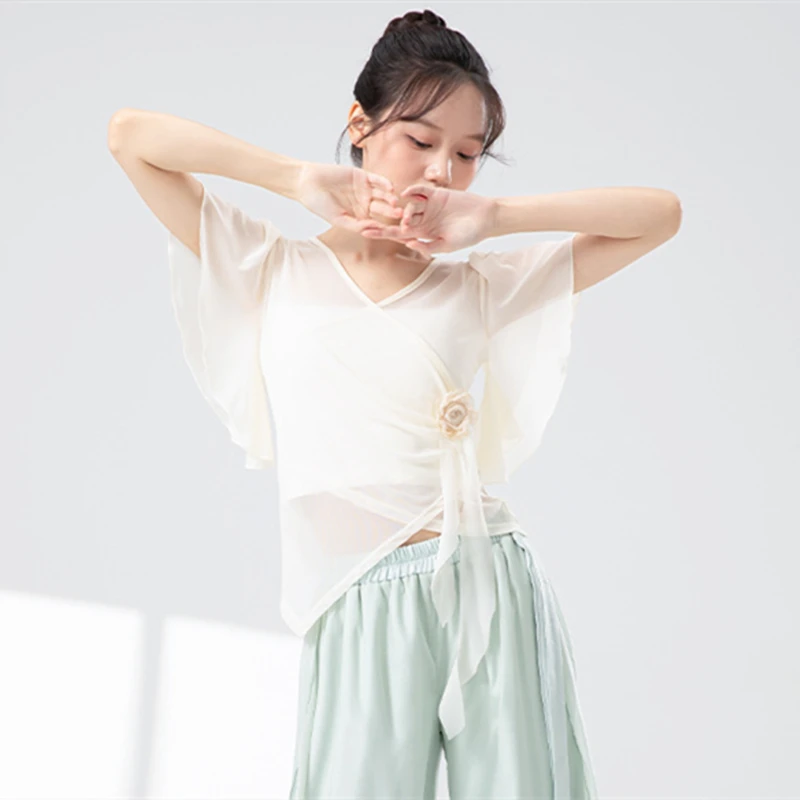 Top da Danza Classica per Donna, Abbigliamento da Allenamento, Maglietta in Tulle con Maniche Corte a Volant, Decorazione Floreale, Costume da Palcoscenico Fluido, Camicetta Estiva
