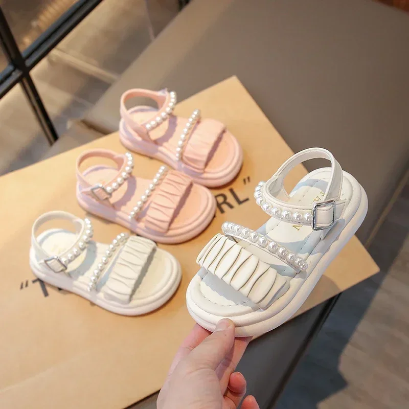 Girls Beach Shoes Pleated Ins Trendy Kids Princess Shoe Beads Sweet Soft Sole 2025 Summer New Children Sandals Open Toes Cute