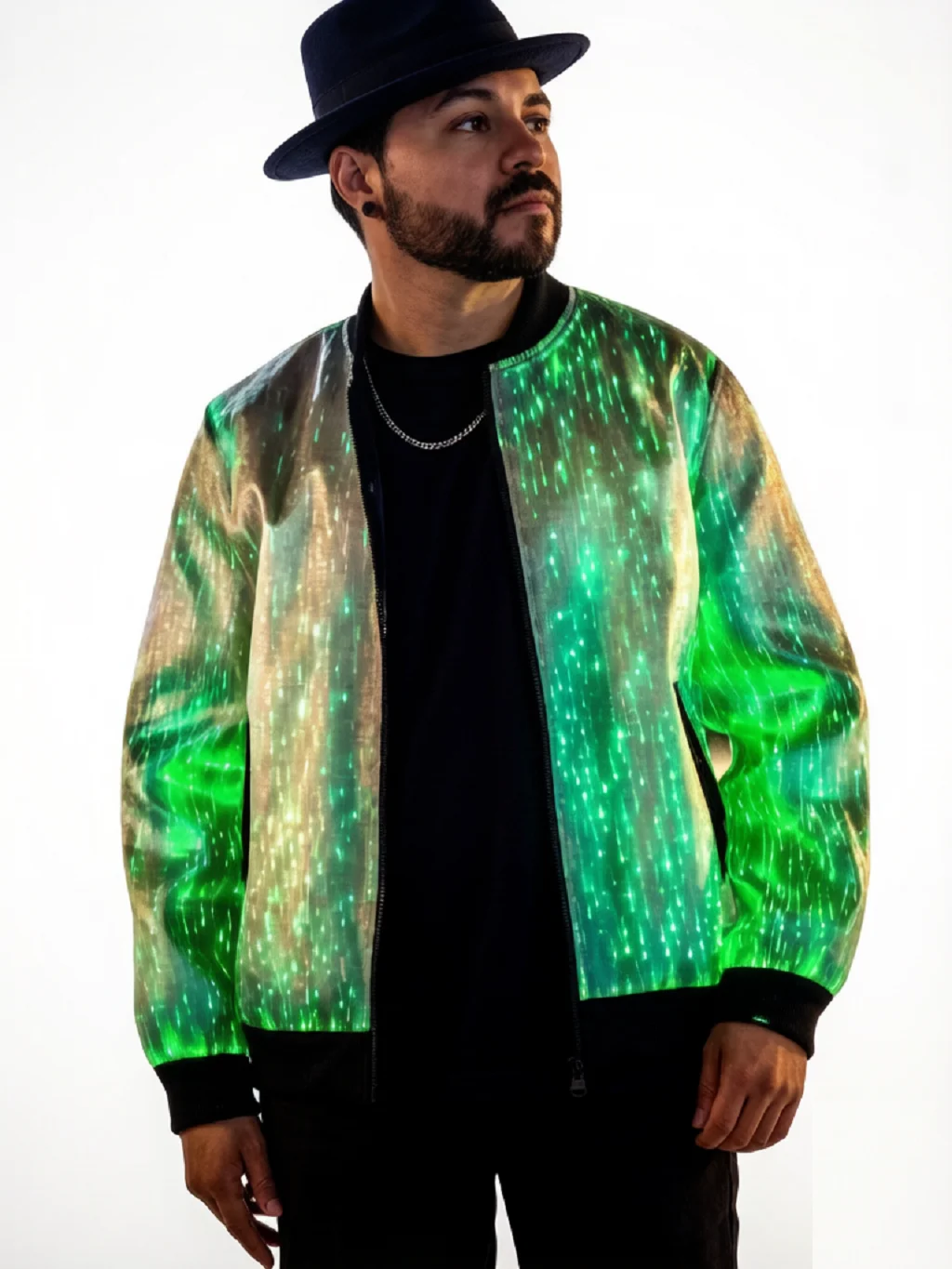 Black Luminous Jacket Aurora Spectrum LED Fiber Optic Jacket– Multi-Color Remote-Controlled Performance Coat