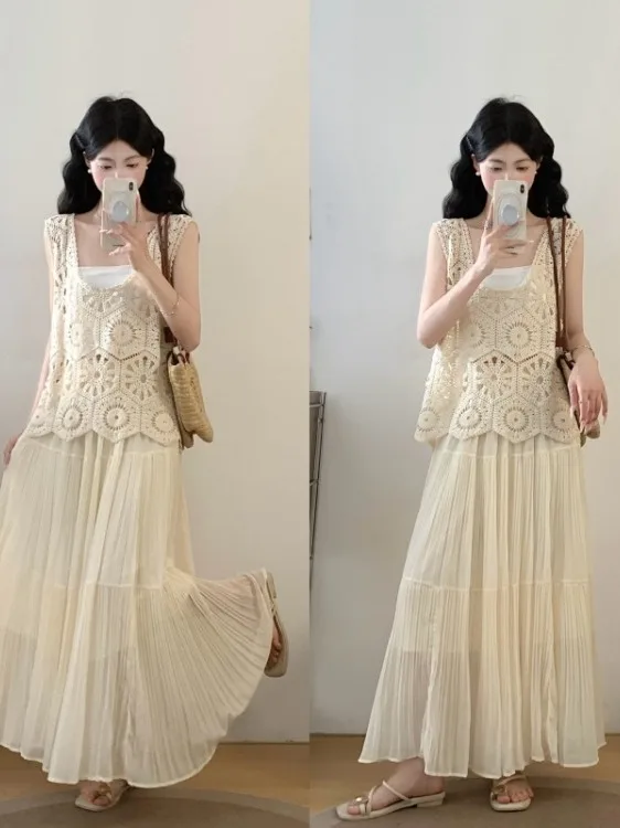 

plus Size White Hollow out Strap Dress Set Summer New Style Women's Mid-Length A-Line Skirt Two-Piece Set Casual Commute Style