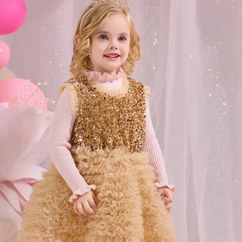 

2025 Girls Party Dress Sweet Princess Gown Pageant Host Outfit Cute Kids Banquet Birthday Matching Clothing