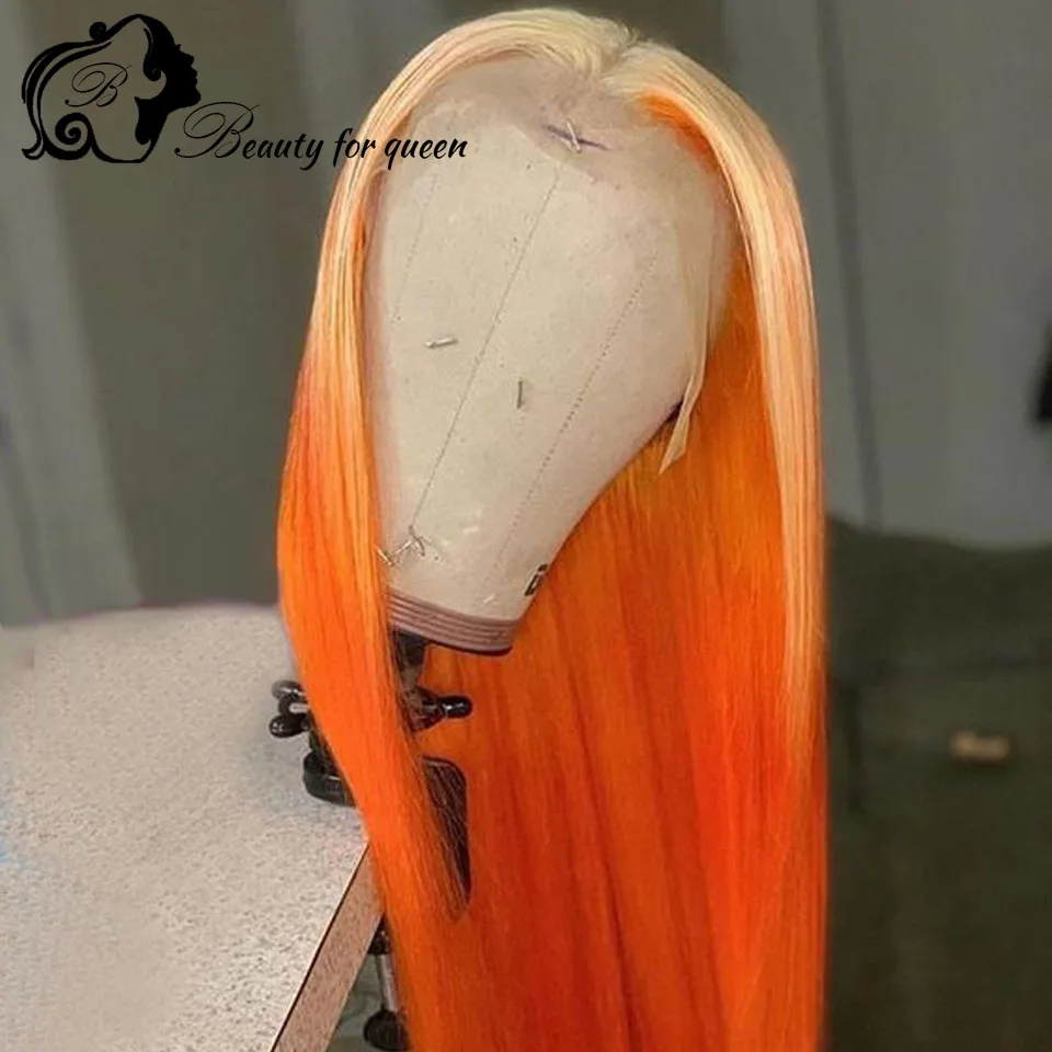 Peruka z ludzkich włosów z przezroczystą koronką typu lace front, żółto-pomarańczowa, 13x4, 100% ludzkie włosy, jakość włosów ludzkich, gęstość 180%, odpowiednia dla dziewcząt.