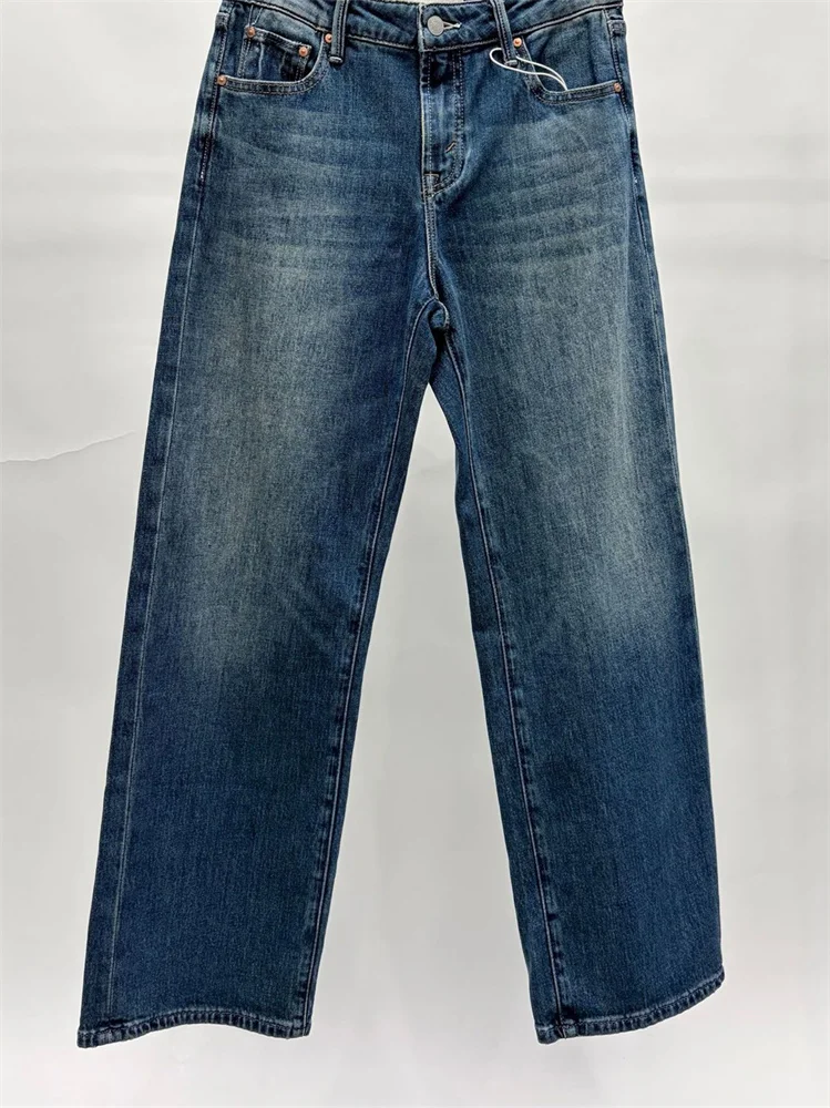 Slim Fit Ladies Cropped Denim Pants with Pockets Women's Natural Waist Elastic Blue Straight Leg Jeans