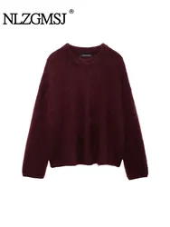 TRAF 2024 Autumn Women Fashion Minimalist Casual Loose Sweater Woman Round Neck Knitted Casual Knitwear Pullover Top