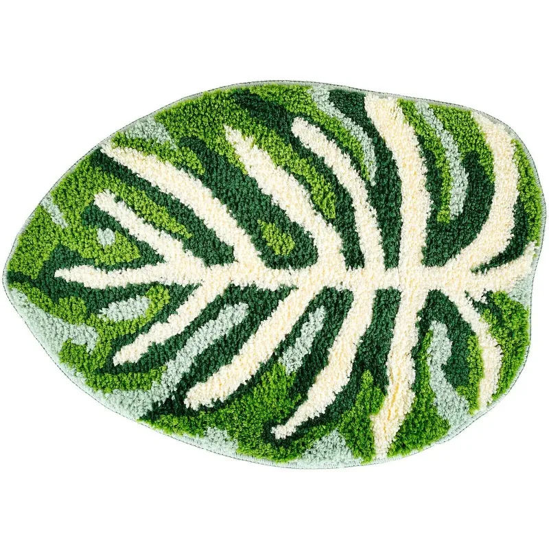 Plant Monstera Tufted Rug Irregular Plush Tropical Leaf Area Rug for Living Room Bathroom Green Monstera Fluffy Bath Floor Mat