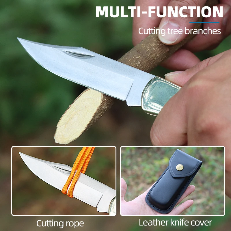 Outdoor stainless steel folding knife with brass and mahogany handle, multifunctional camping hunting knife, life saving knife