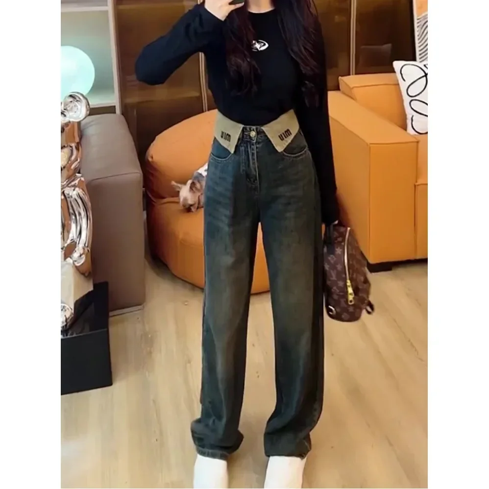 

Jeans Women Denim Full Length High Waist Pockets Cuffs Trousers Female Denims 2025 Streetwear Vintage Straight Wide Leg Pants