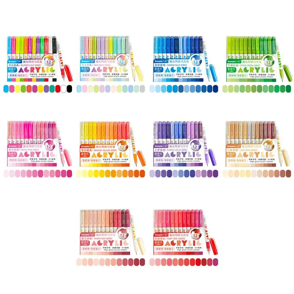 12-Colors Acrylic Marker Pen Hardhead Quick-Drying Painting Colour Pen Art Stationery Vibrant Colors Straight Liquid Marker