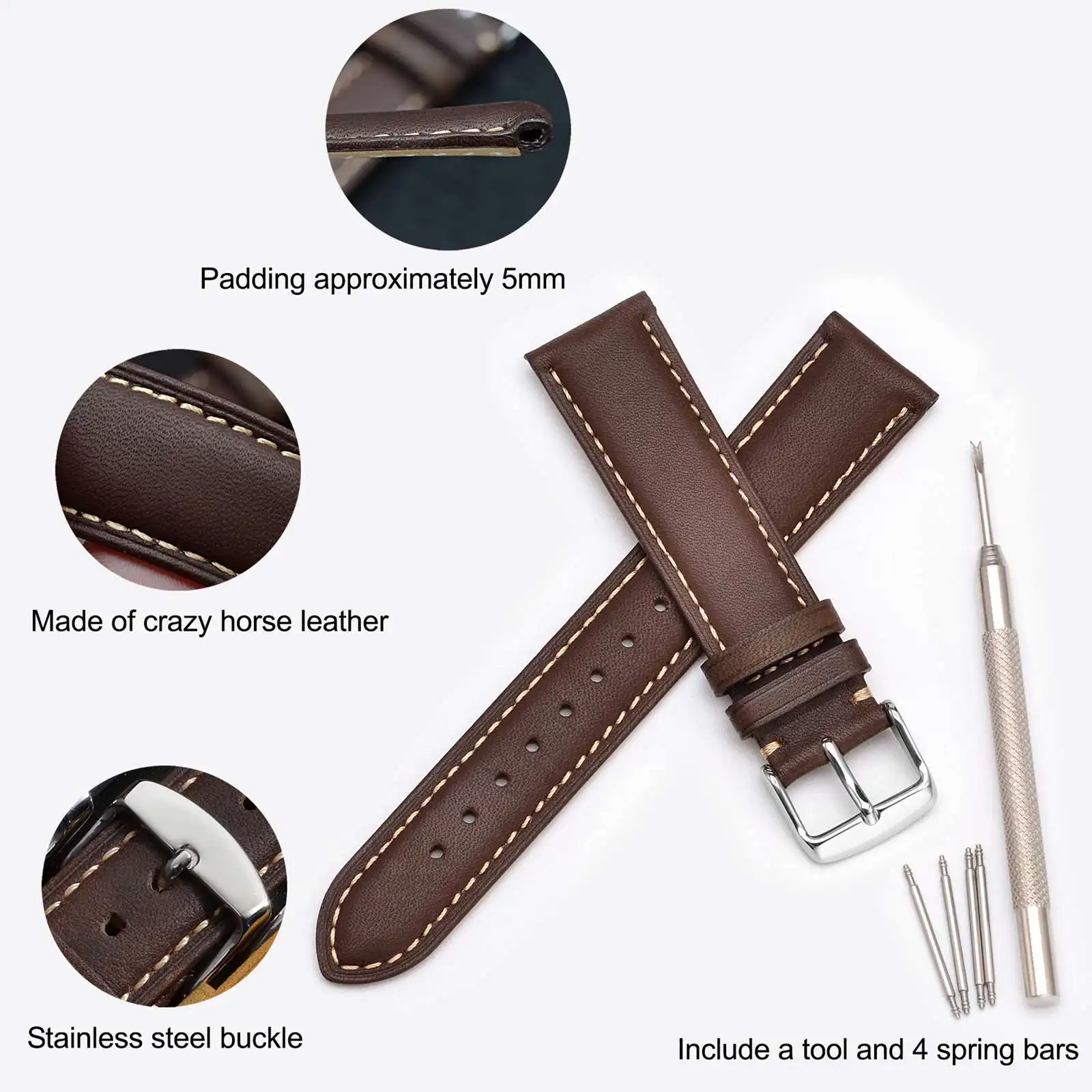 BISONSTRAP Calfskin Leather Watchband Soft Material Wrist Strap 16mm 18mm 19mm 20mm 21mm 22mm 23mm 24mm Watch Band Gold Buckle