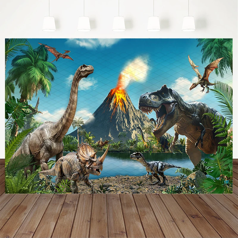 Mocsicka Tropical Jungle Volcano Dinosaur Photography Background World T-Rex Pterosaur Decors Backdrop Boy Birthday Party Banner