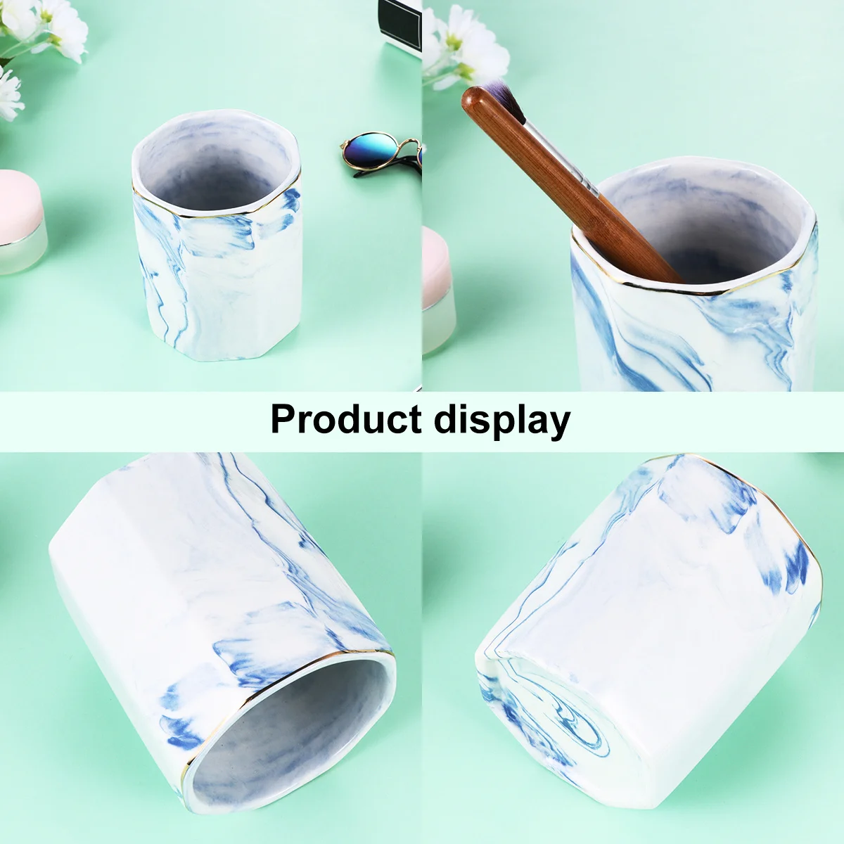 

Marbling Blue Ceramic Pen Holder -Edged Pencil Organizer Desktop Makeup Brush Container Stylish Desk Storage
