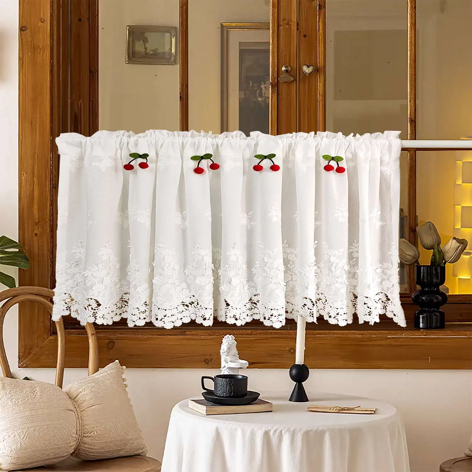 

Modern Cute Cherry White Short Curtains For Windows,Kitchen Window Valance,Cafe Style Half Curtains,No Drill Tension Rod Curtain