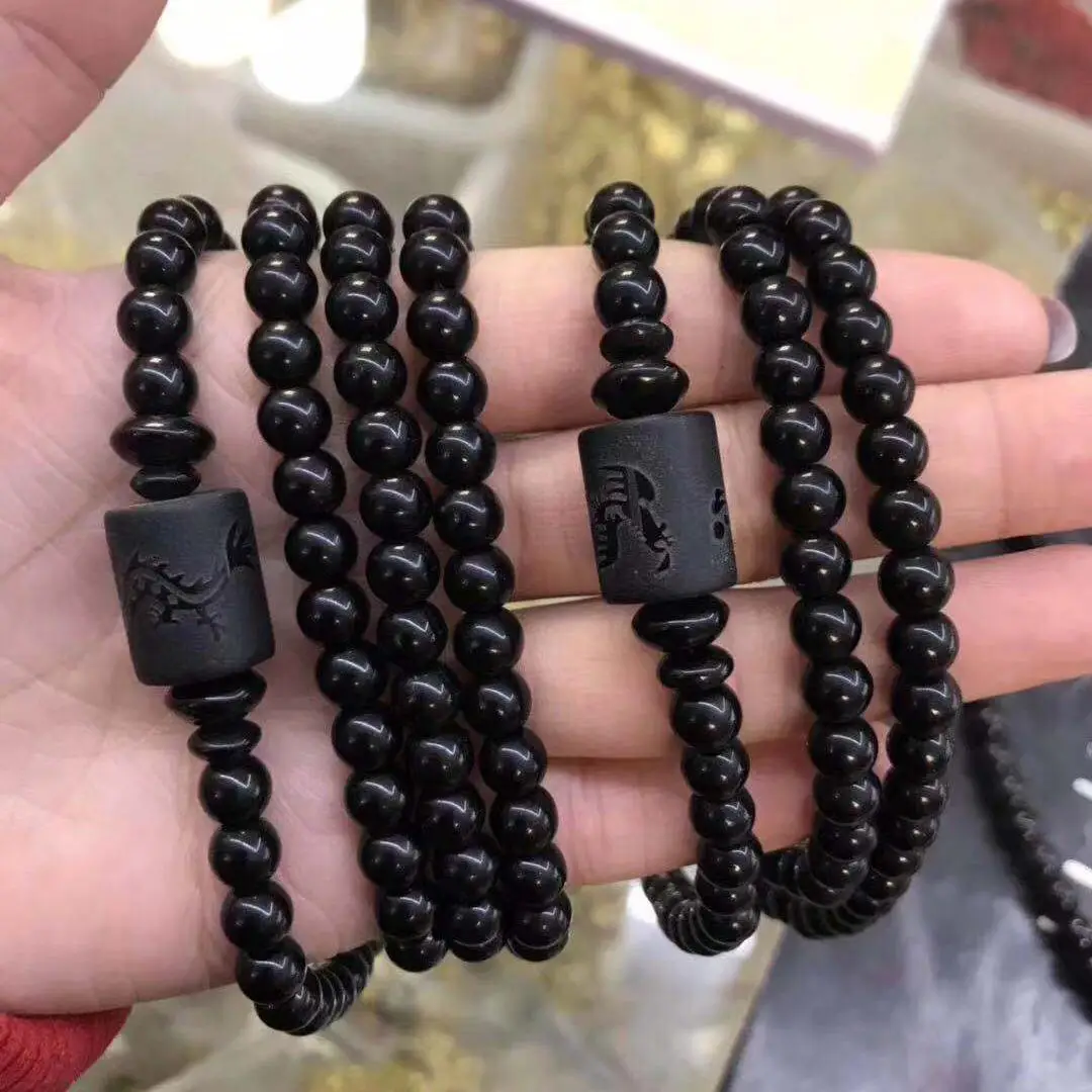 Black Obsidian Bracelet Buddhist Prayer Blessing Blackstone Healing Stone Ball Beads Jewelry Gift Frosted Dragon Phoenix Present