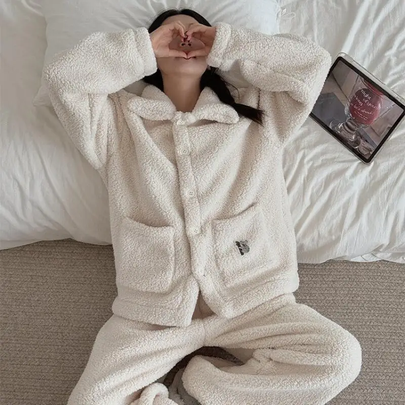 

Thicken Women's Pajama Set Winter Coral Fleece Homewear Wearable As Outerwear Sleepwear Thicken Keep Warm Nightwear Student Pj
