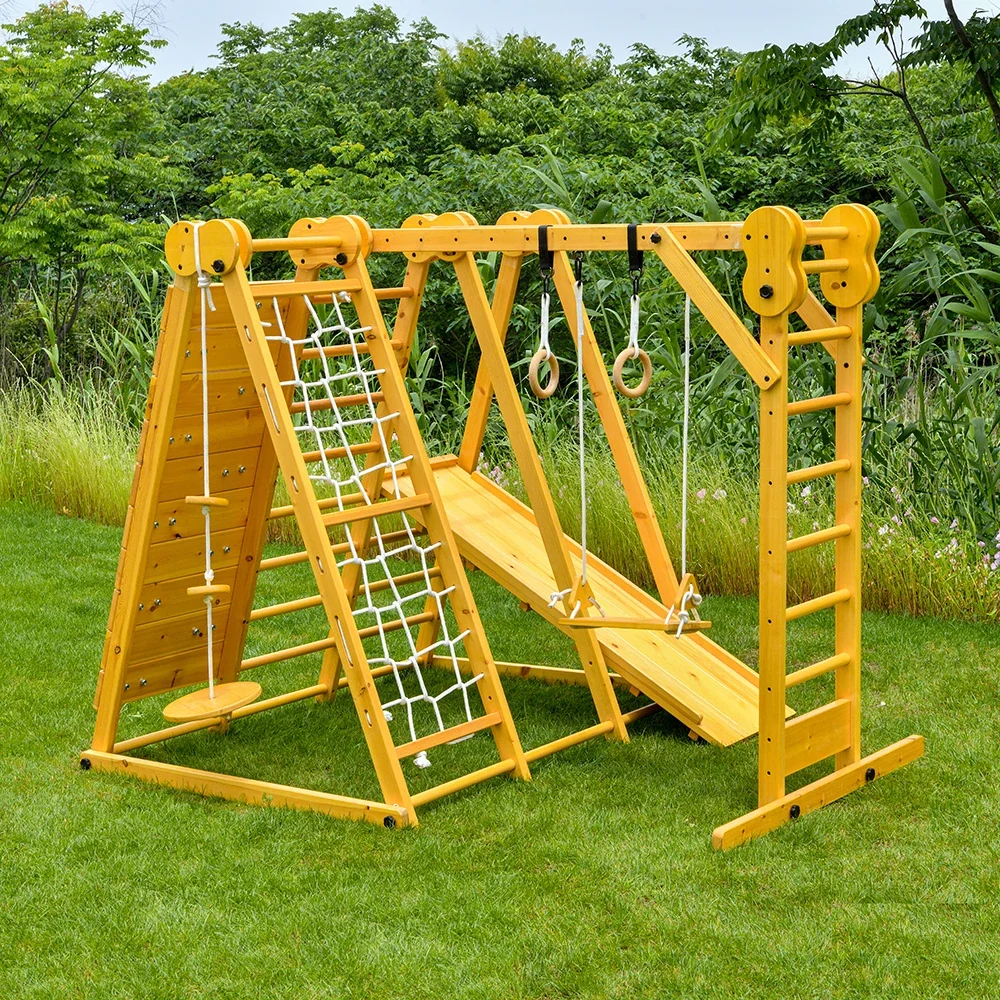 Outdoor Multifunction Montessori Kids Playground Wooden Climbing Frame with Swing