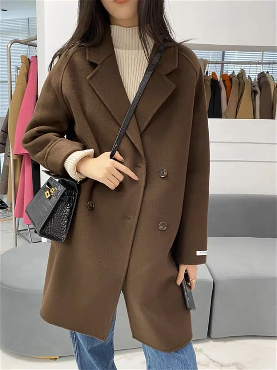 

Dakiki New Women's Double-Faced Woolen Coat Medium-Length Loose Tailored Jaet Korean Sle Commute Straight-Body Long Sve