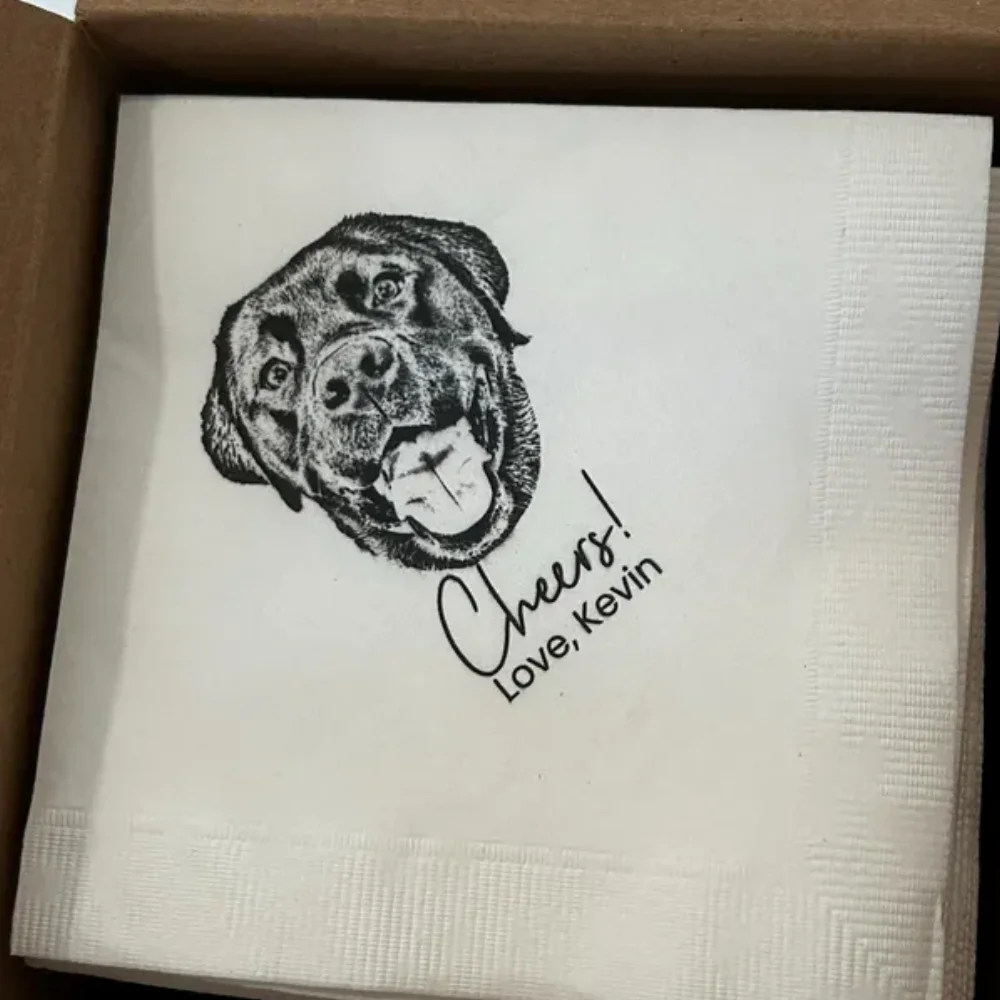 50Pcs Custom Pet Sketch Cocktail Napkins, Pencil Sketch Portrait from Photo, Dog Wedding Napkins, Customized Pet Portrait Weddin