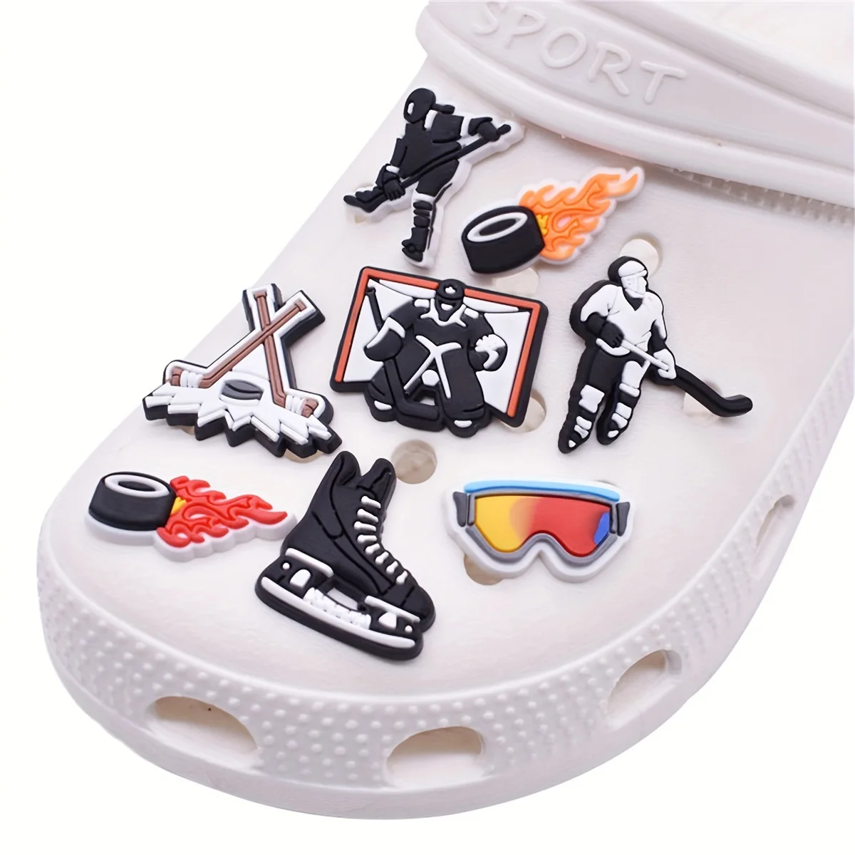 9pcs Hockey Ball Pattern Shoe Charms, Sporty Style Shoe Decoration Charms, Fun for ,Party Favors Birthday Gifts