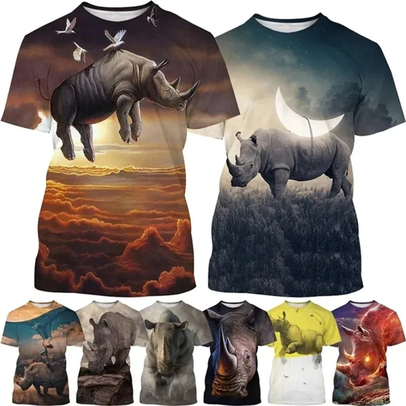 Men's Rhino Graphic T Shirts 3D Print Short Sleeve African Beast Animal Tee Tops Streetwear Casual Plus Size Mens Tshirt Clothes