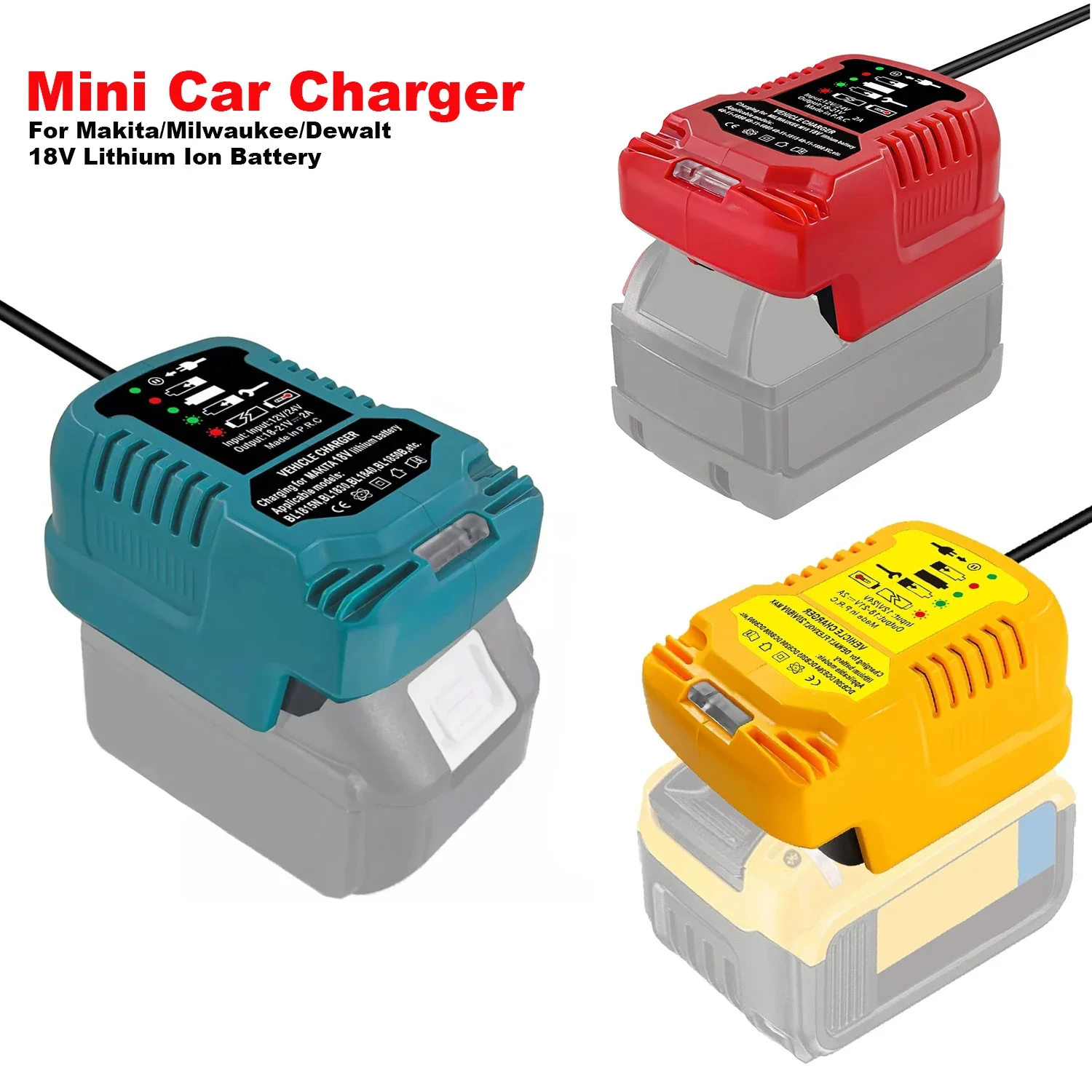 

12V 24V Car Charger For Dewalt Makita Milwaukee Bosch 18V Battery 2A Fast Charging LED Indicator Vehicle Charger
