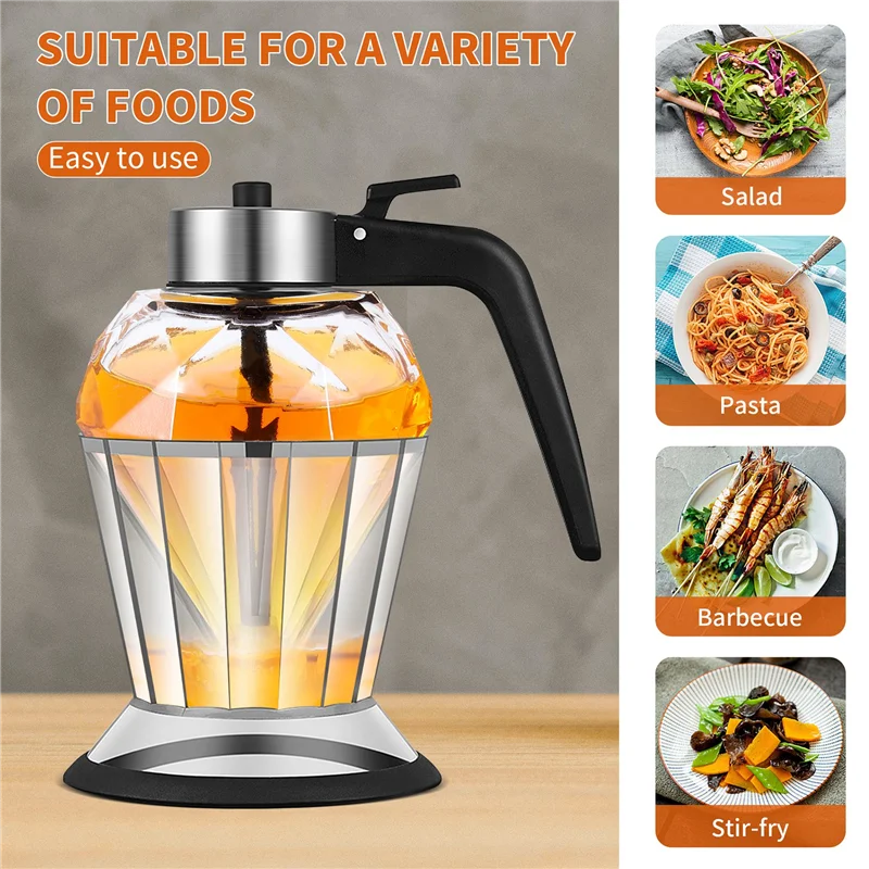 ABLG Olive Oil Dispenser Glass Bottle, Honey Jar Dispenser, Glass Cruet Bottle For Kitchen, Non-Drip Oil Pot With Stand