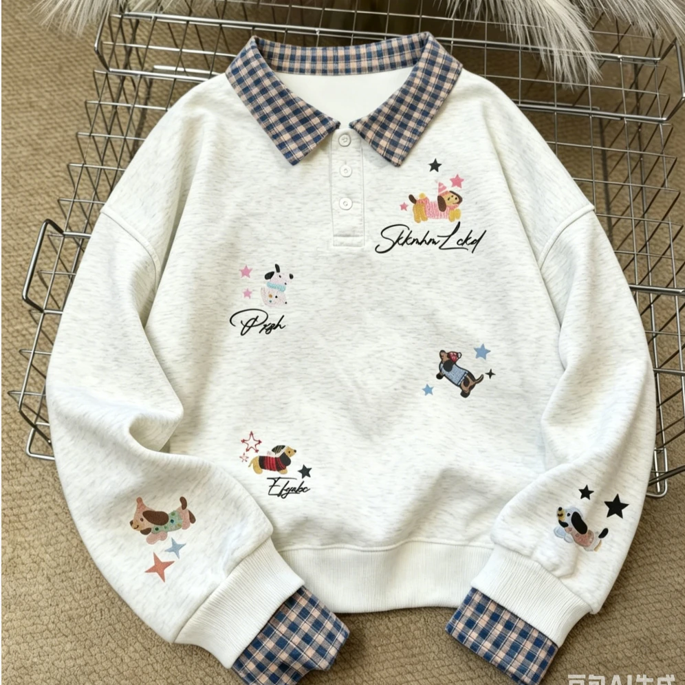 Campus Preppy Y2K Fake Layer Polo Sweatshirt Plaid Collar Puppy Dog Printing Pattern Loose Casual Pullover Kawaii Hip Hop Casual