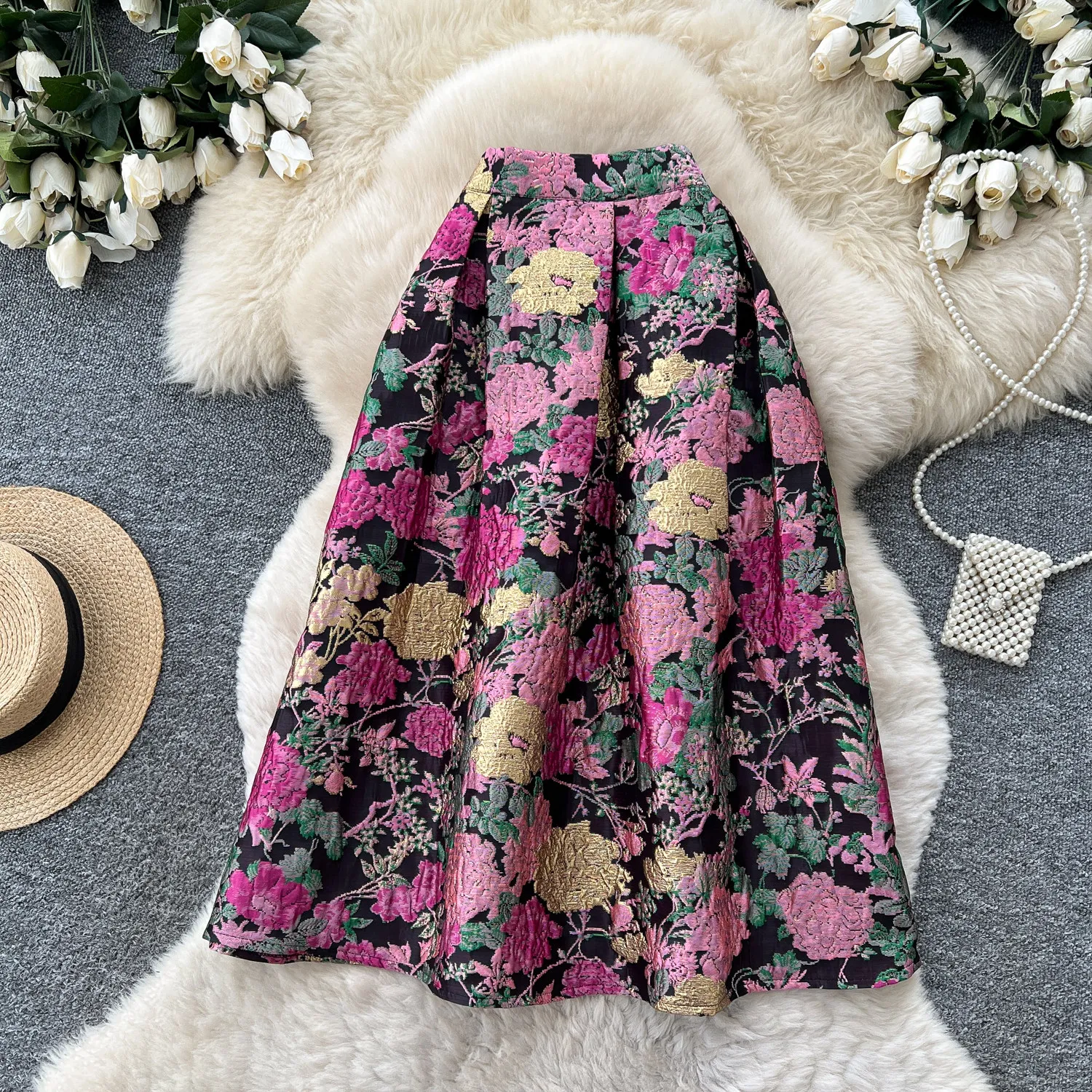 Clothland Women Vintage Floral Midi Skirt Elastic Waist A Line Pattern Retro Female Fashion Long Skirts Mujer BA439