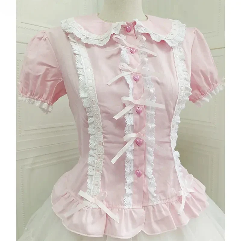 Lolita Shirt Women Preppy Style Bow Slim Blouses Cute Peter Pan Collar Lace Ruffles JK Shirts Girl Puff Sleeve Blouses Women Top