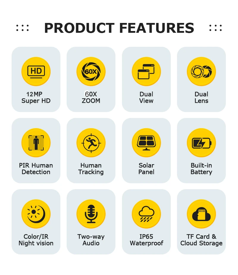 INQMEGA 12MP 60X Optics Zoom Dual Screen 4G /WIFI Solar Camera Securty Outdoor PIR Human Detection Color Night Vision UBOX APP