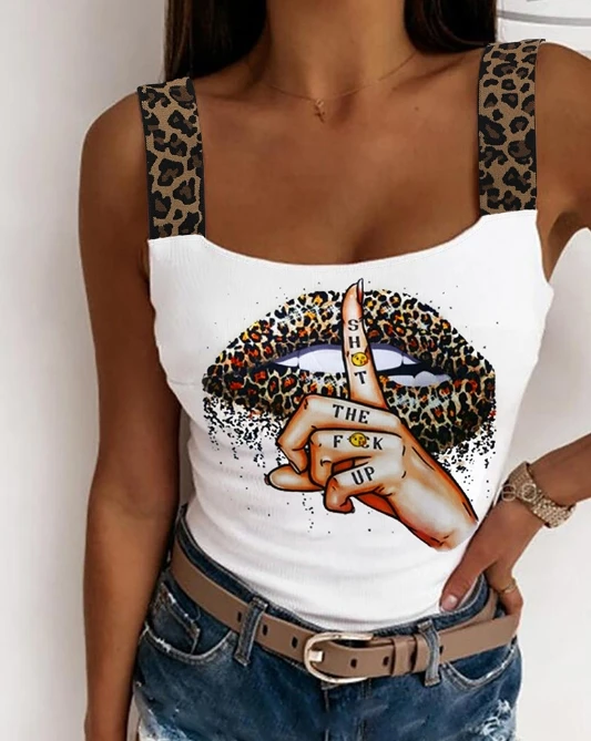 

Top Women 2024 Summer Fashion Leopard Lip Print Square Neck Sleeveless Casual Slim Fit Basic Daily Tank Y2K Tops