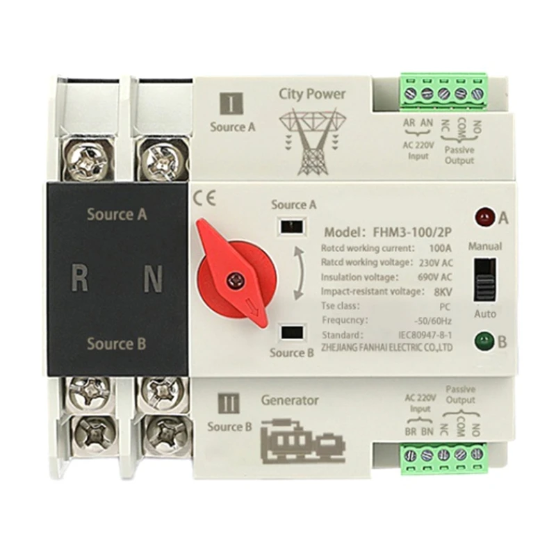 Electrical Selector Switches 2P 100A Automatic Transfer Switches Din Mounted Double Power Switches for Emergency Power