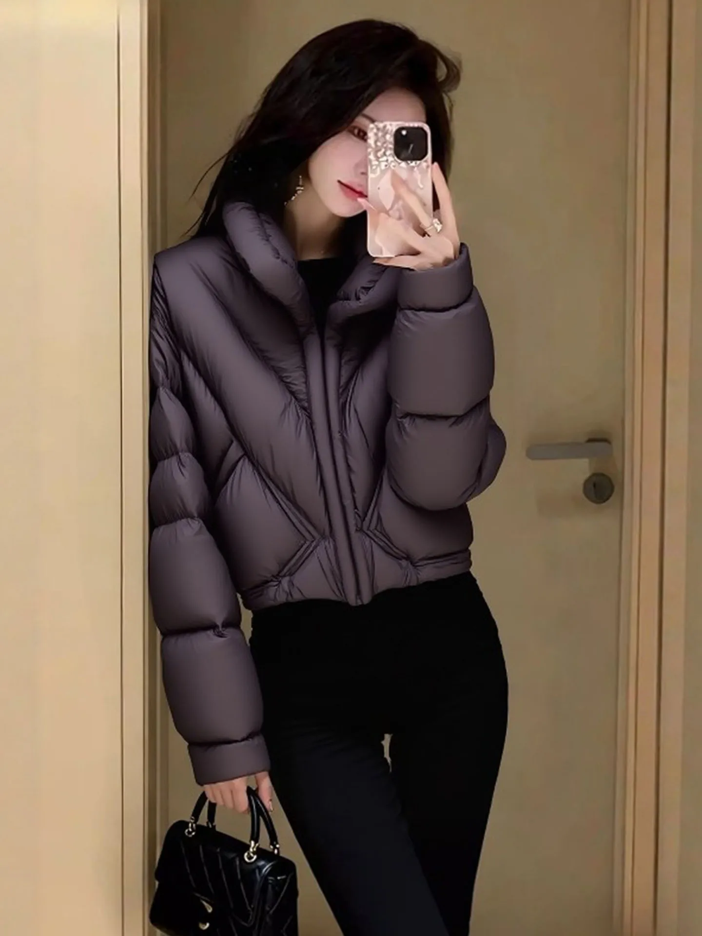 

Sli ort Puffer Jaet Женское пуховое пальто Bla Foamy Winter Thi Верхняя одежда в Корейском стиле Sle Commute Faion Regular Fit