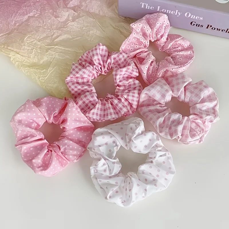 10-Piece Set of Scrunchies with Random Designs, Featuring Pink Polka Dots, Plaid, and Floral Elements. a Set of 5 Scrunchies for Bun Hairstyles, Cute and Simple Hair Ties for Women, Ins-Style Hair Accessories