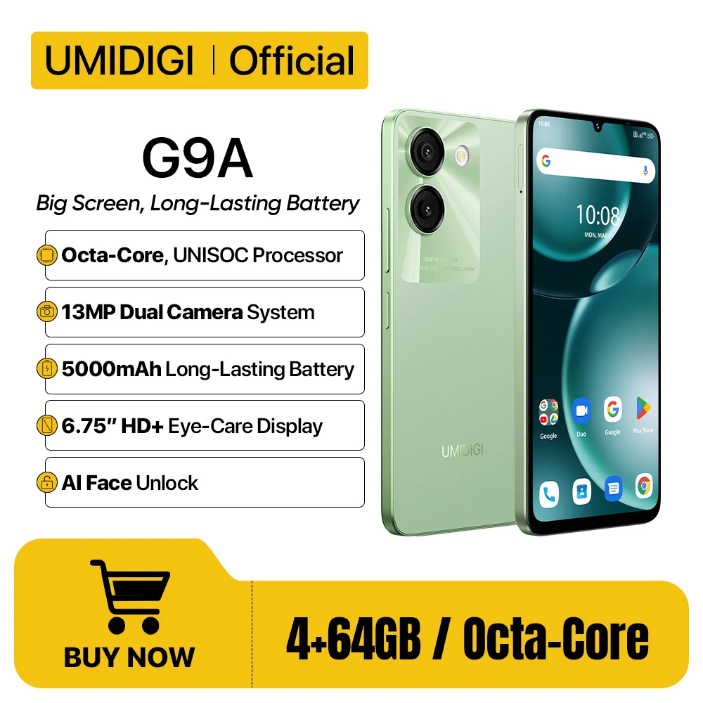 Uacity-Smartphone IGI G9A Android 14, téléphone portable, octa-core, caméra 13MP + 8MP, 64 Go, 6.75 pouces, HD + goutte d'eau, batterie 5000mAh, carte graphique pour touristes