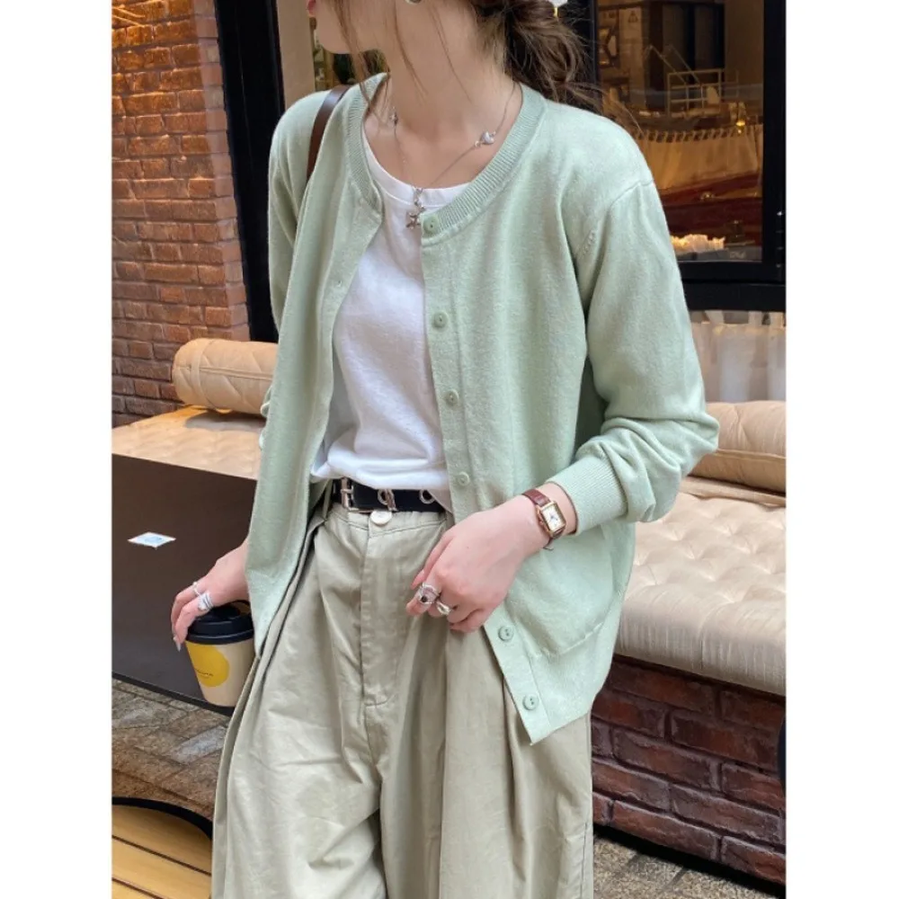Casual Long Sleeve Knit Cardigan Single Breasted O Neck Women Cardigan Solid Color Cardigan Top