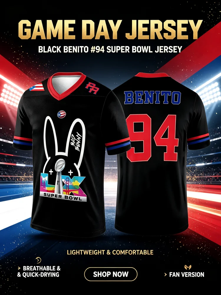 Summer Men Puerto Rico 3D Print Bad Bunny Super Bowl American Rugby Jersey Benito 94 V-Neck T-shirt Music Lover Family Kids Tees