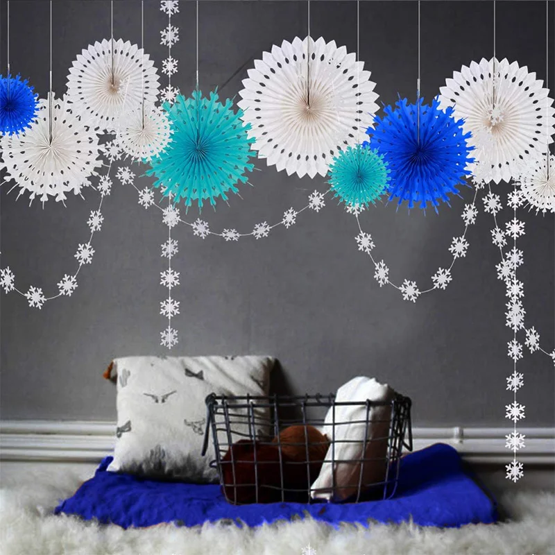 Frozen Ice Blue Snowflake Birthday Party Decorations Hanging Paper Fans Decor Snowflakes Garlands Backdrop Banner Streamer