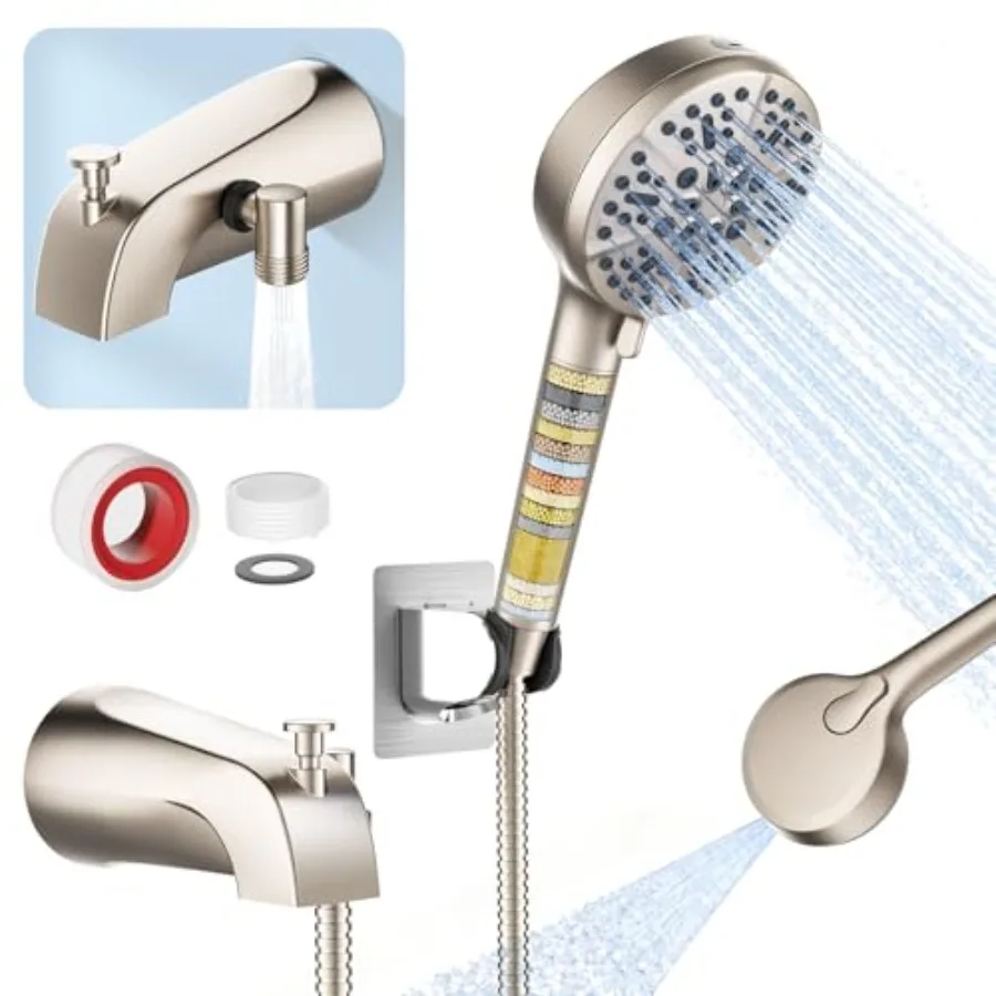 

Смеситель для ванны с фильтруемой ручной душевой лейкой, 6 режимов распыления (от дождевого до пудрового), излив для ванны с переключателем, удлиненный шланг 79 дюймов