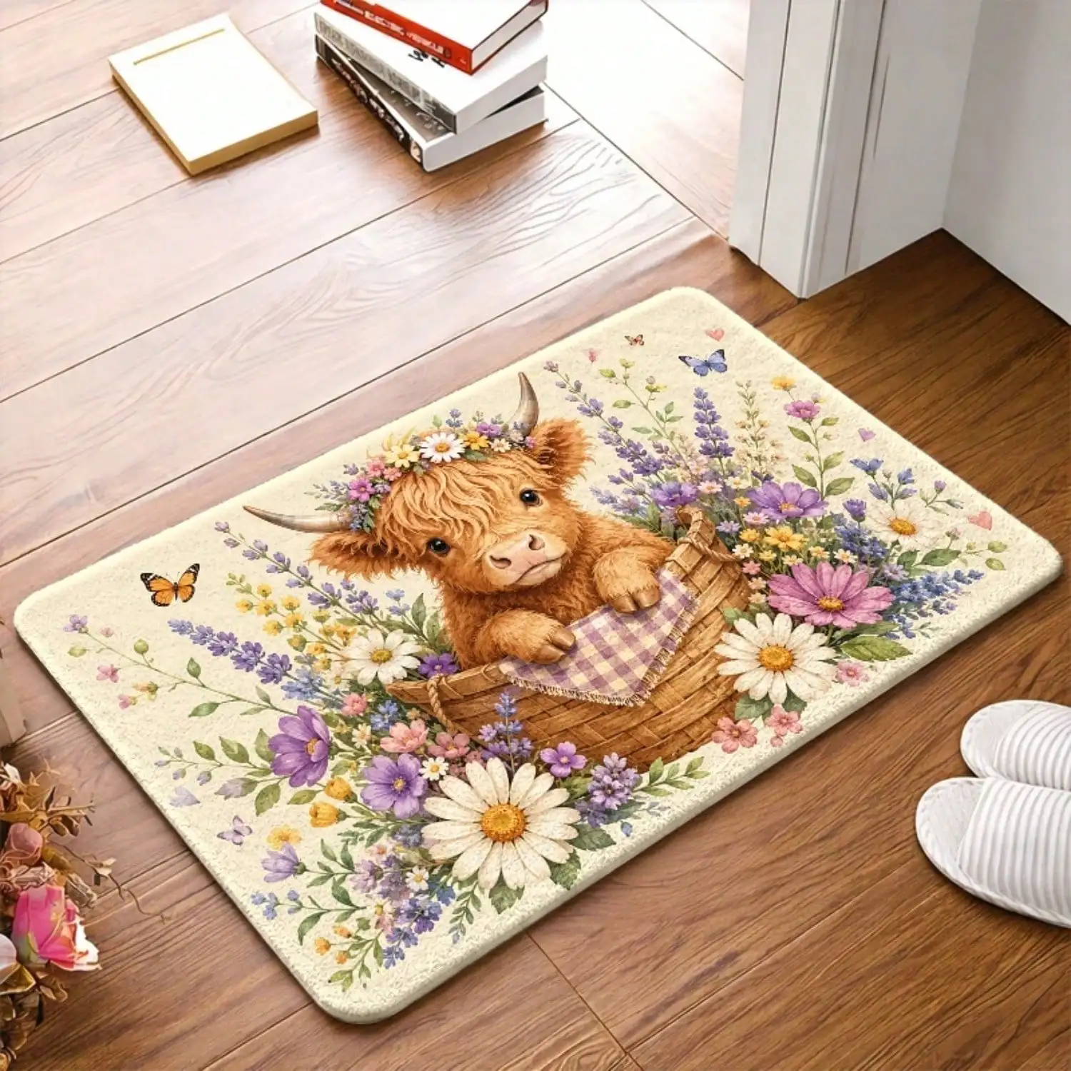 1pc, Cute Highland Cow In Basket With Flowers Pattern Doormats, Bath Mat, Durable, Machine-Washable, Indoor Universal Doormat, Entrance Rug, Kitchen Mat